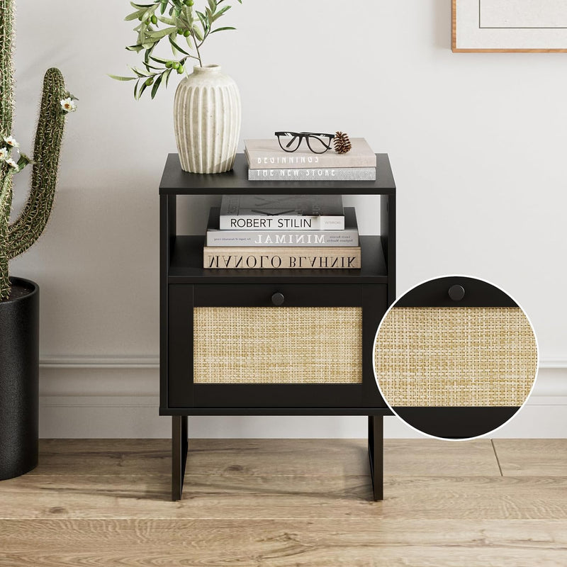 Boho Bedside Table Night Stand Rattan Wood Nightstand