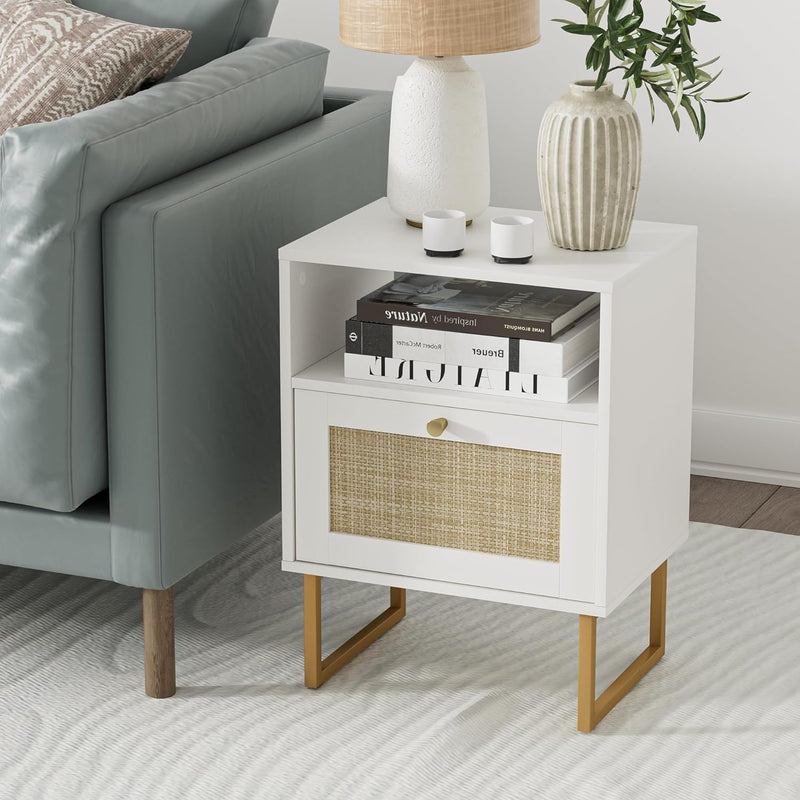 Boho Bedside Table Night Stand Rattan Wood Nightstand
