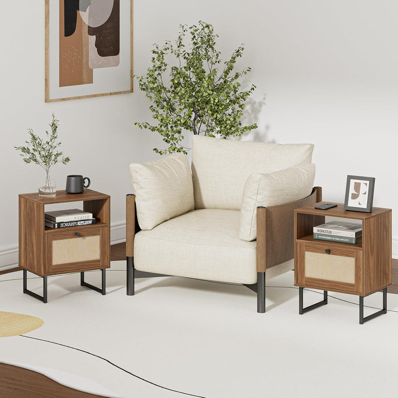 Boho Bedside Table Night Stand Rattan Wood Nightstand