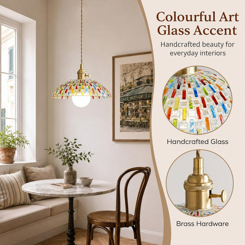 Boho Mosaic Glass Pendant Light Vintage Brass