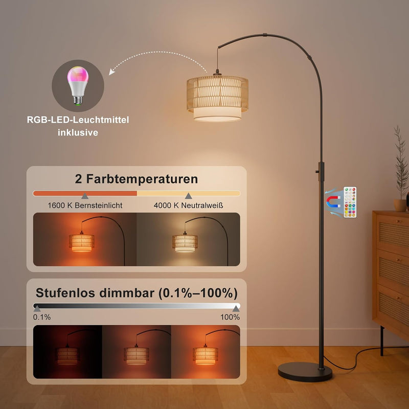 Boho Rattan Arc Floor Lamp 180CM RGB