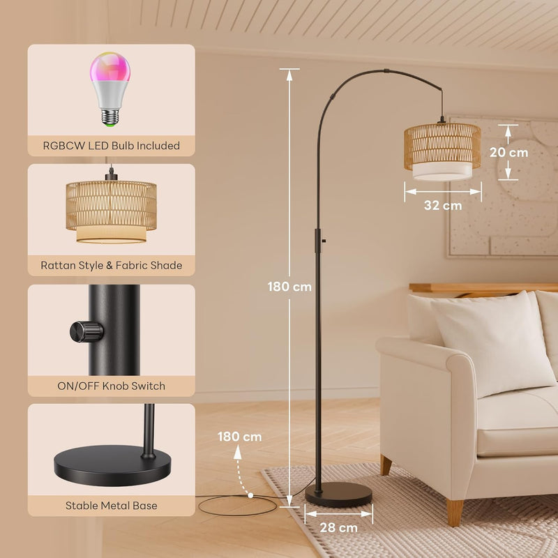 Boho Rattan Arc Floor Lamp 180CM RGB
