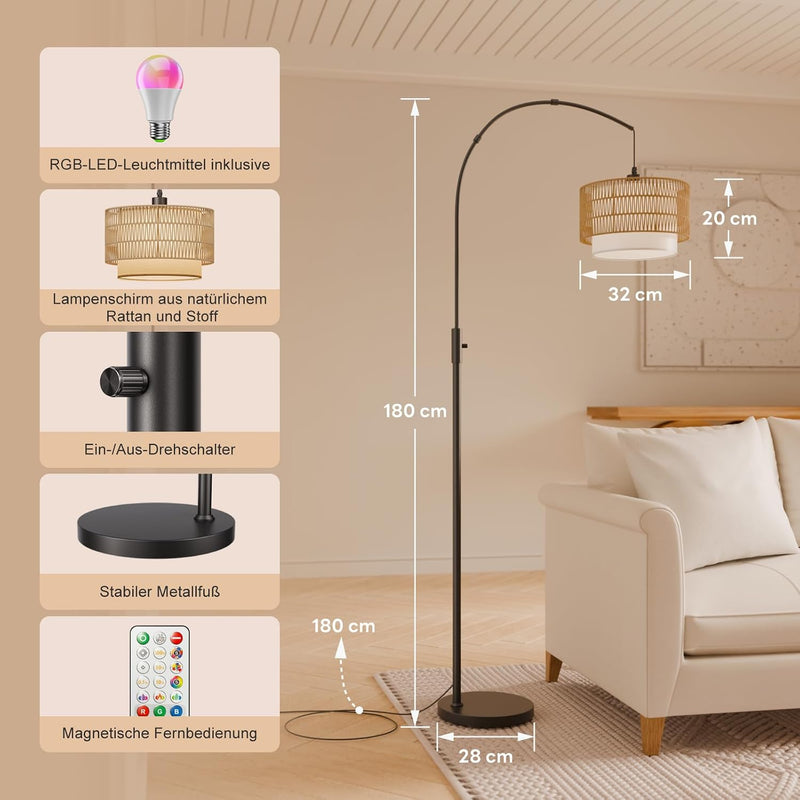 Boho Rattan Arc Floor Lamp 180CM RGB