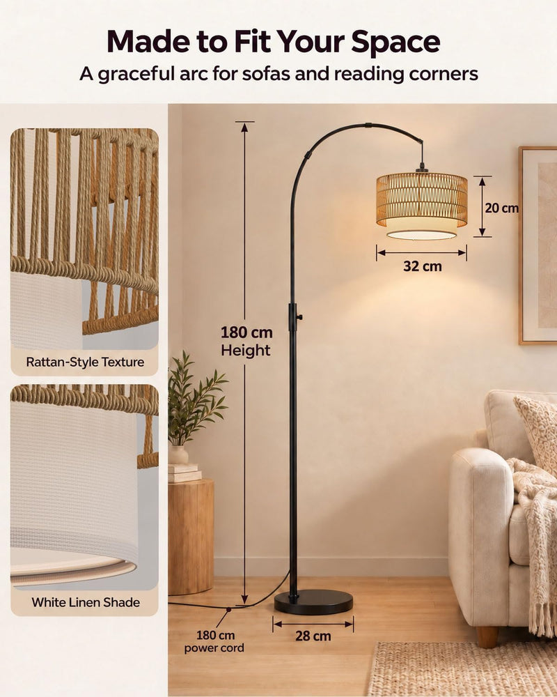 Boho Rattan Arc Floor Lamp 180CM RGB