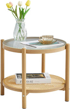 Boho Rattan Coffee Table Round Glass Metal Centre