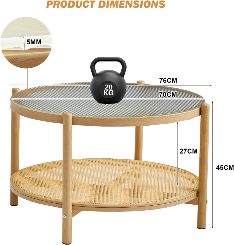 Boho Rattan Coffee Table Round Glass Metal Centre