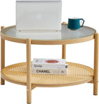 Boho Rattan Coffee Table Round Glass Metal Centre