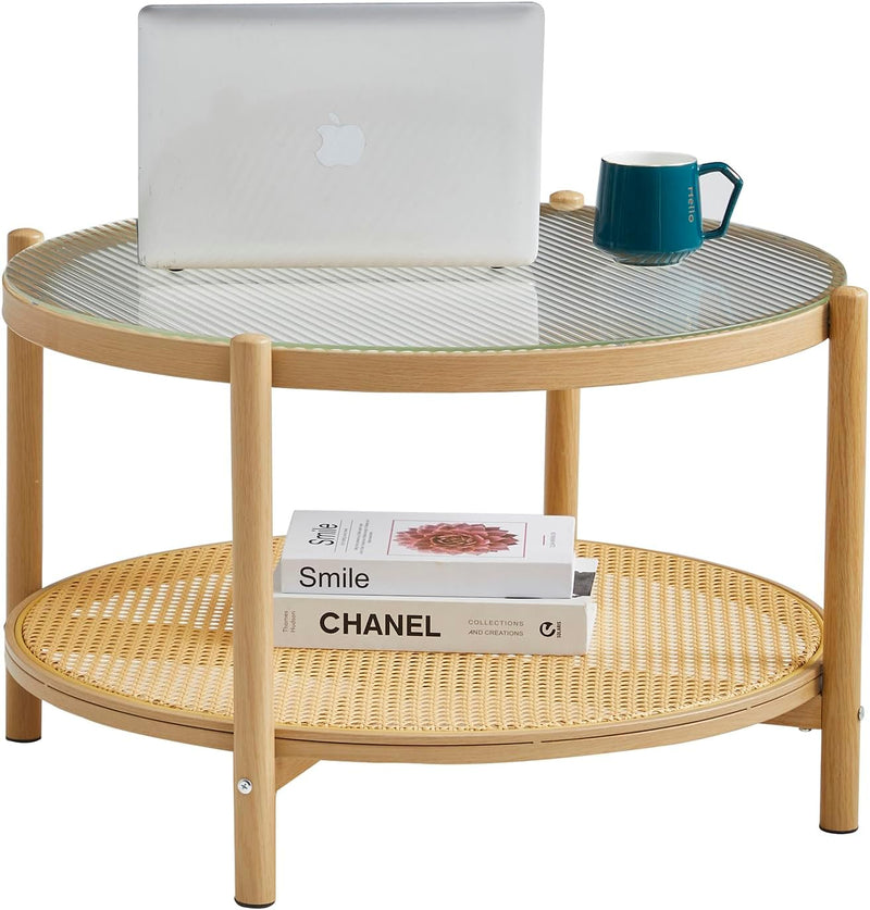 Boho Rattan Coffee Table Round Glass Metal Centre