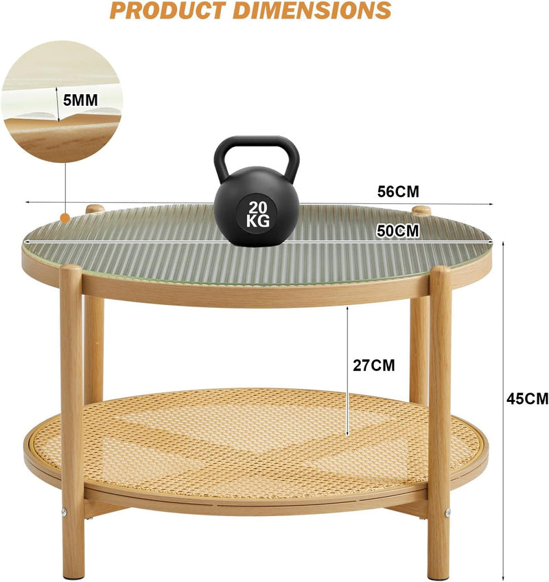 Boho Rattan Coffee Table Round Glass Metal Centre