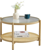 Boho Rattan Coffee Table Round Glass Metal Centre
