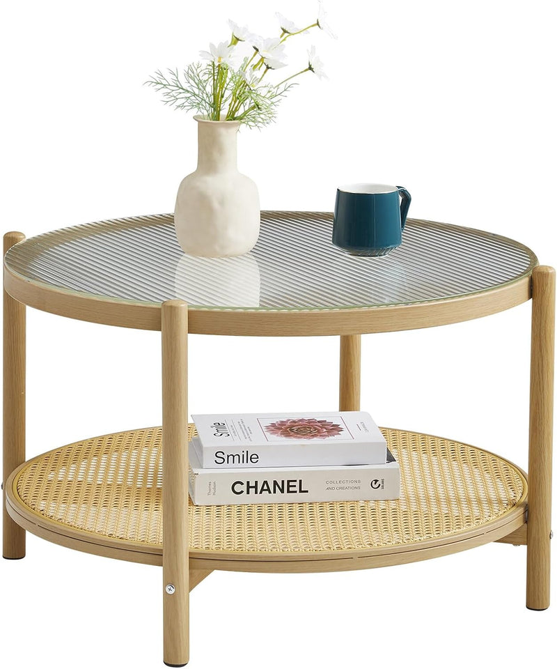 Boho Rattan Coffee Table Round Glass Metal Centre