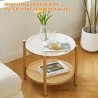 Boho Rattan Coffee Table Round Glass Metal Centre