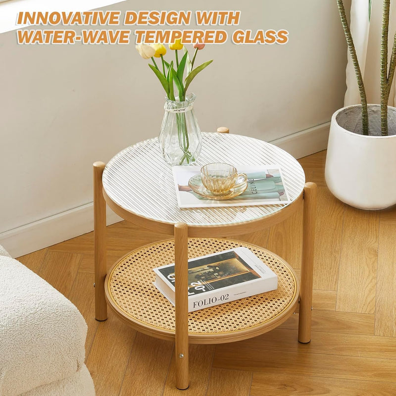 Boho Rattan Coffee Table Round Glass Metal Centre