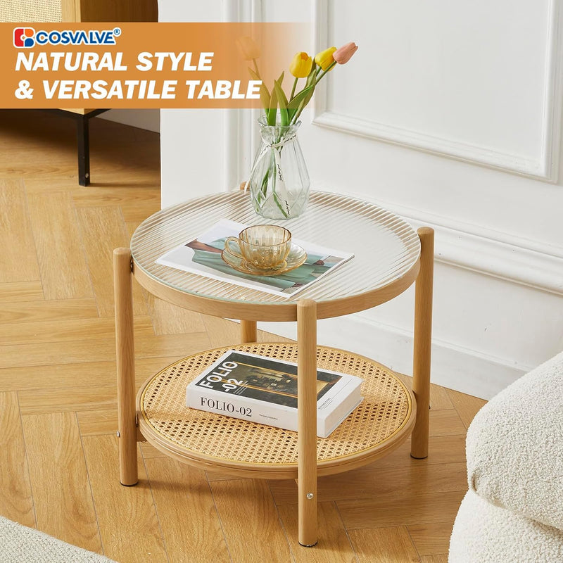 Boho Rattan Coffee Table Round Glass Metal Centre