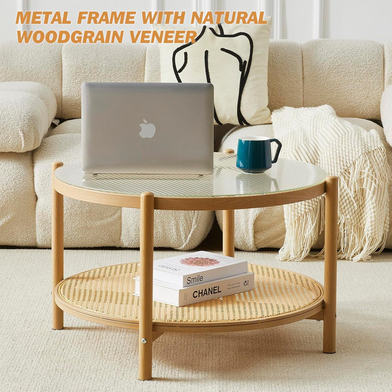 Boho Rattan Coffee Table Round Glass Metal Centre
