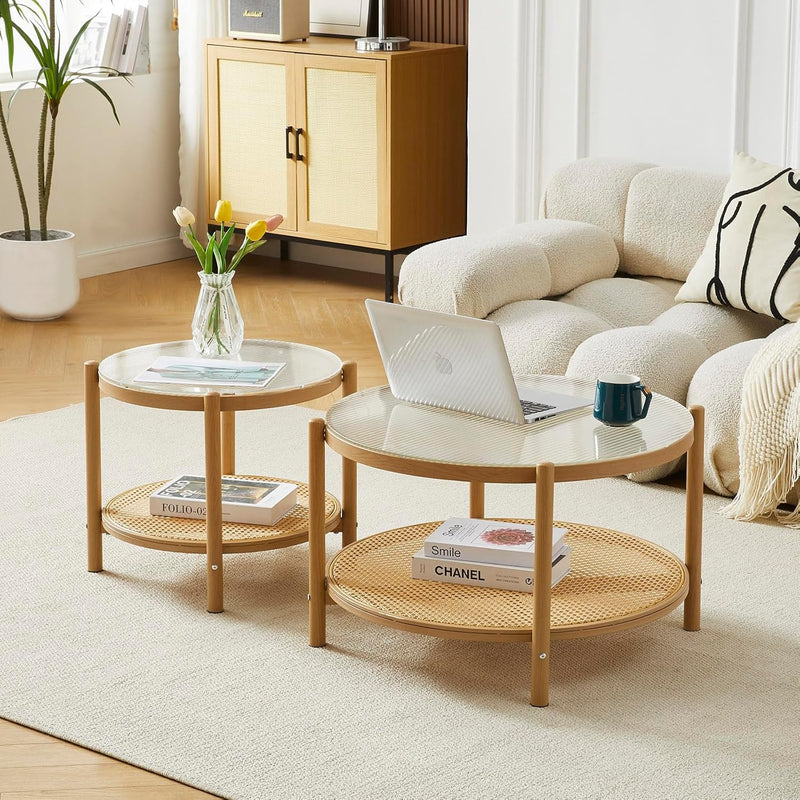 Boho Rattan Coffee Table Round Glass Metal Centre
