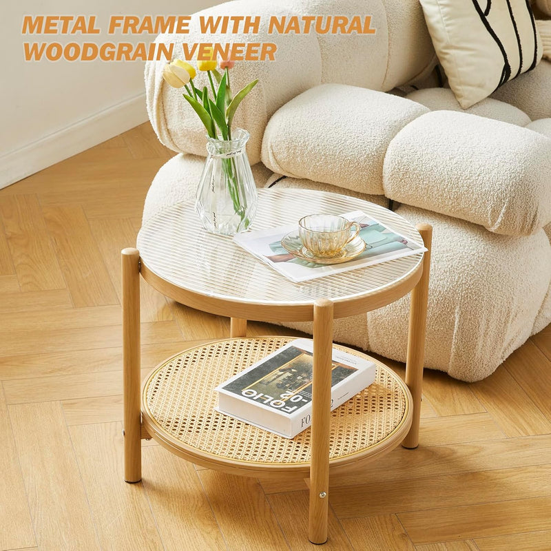 Boho Rattan Coffee Table Round Glass Metal Centre