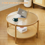 Boho Rattan Coffee Table Round Glass Metal Centre
