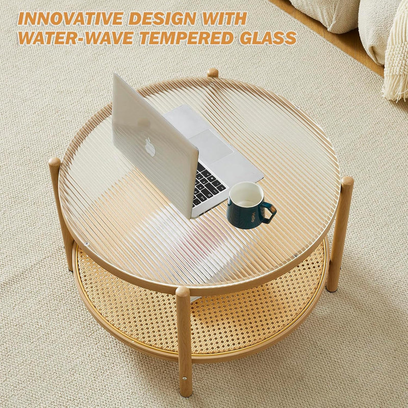 Boho Rattan Coffee Table Round Glass Metal Centre
