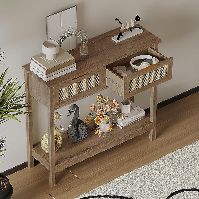 Boho Rattan Console Table with 2 Drawers 2