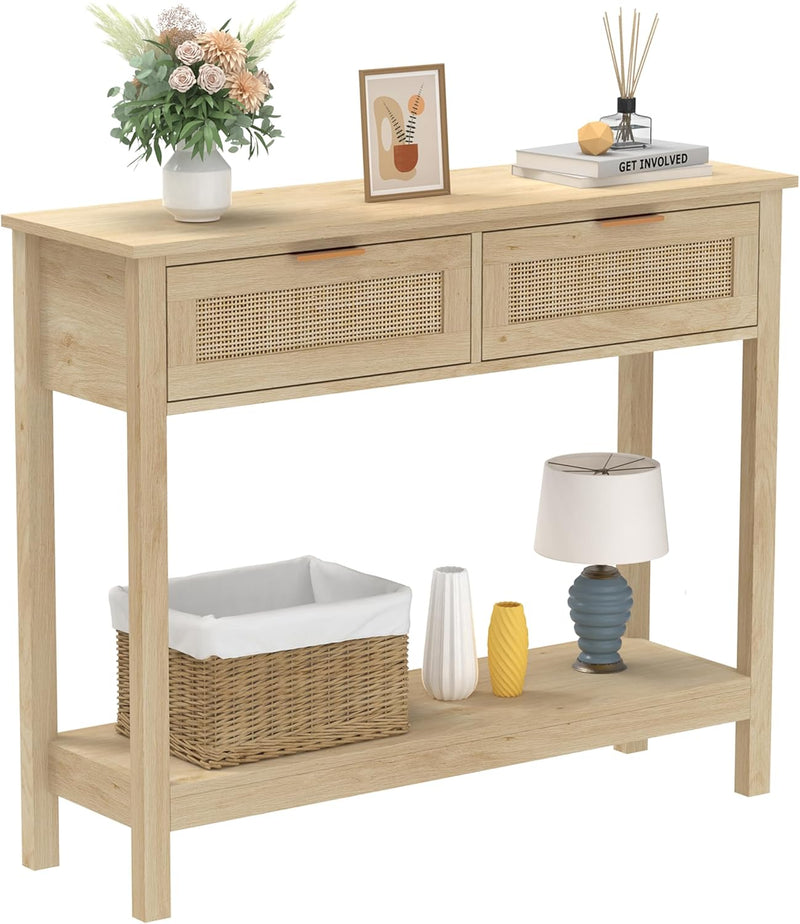 Boho Rattan Console Table with 2 Drawers 2