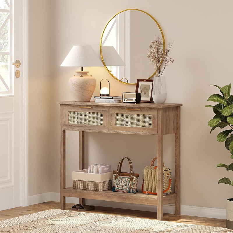 Boho Rattan Console Table with 2 Drawers 2