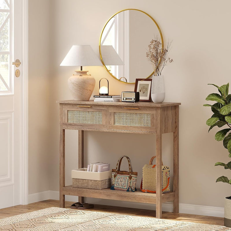 Boho Rattan Console Table with 2 Drawers 2
