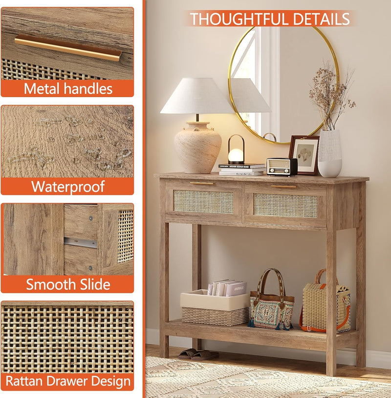 Boho Rattan Console Table with 2 Drawers 2