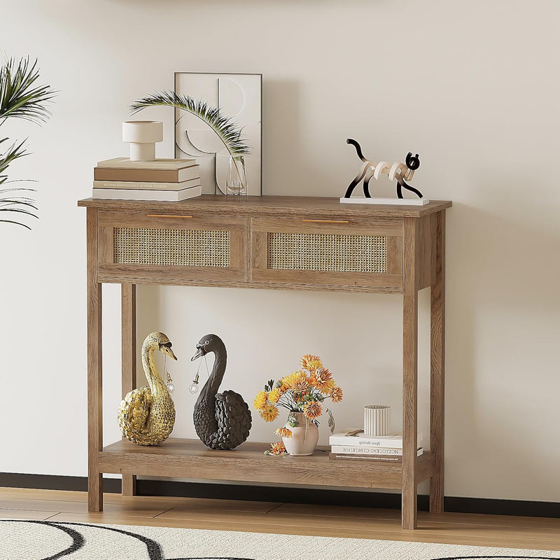 Boho Rattan Console Table with 2 Drawers 2