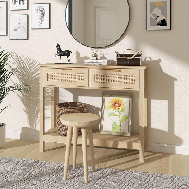 Boho Rattan Console Table with 2 Drawers 2
