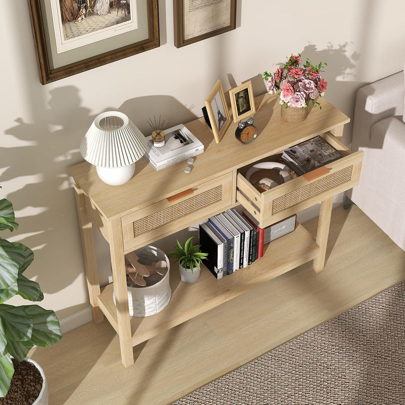 Boho Rattan Console Table with 2 Drawers 2