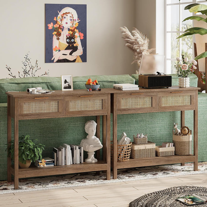 Boho Rattan Console Table with 2 Drawers 2