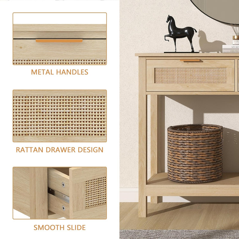 Boho Rattan Console Table with 2 Drawers 2