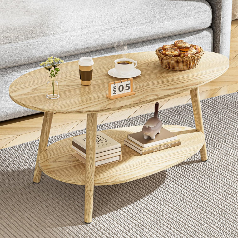 Oval Coffee Table 2-Tier Center with Storage Shelves