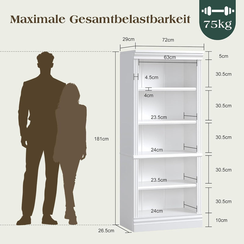 Bookcase 5-Tier 181CM Tall Book Shelf with Vertical