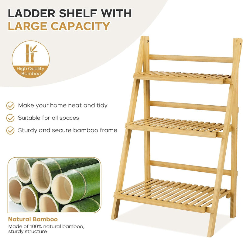 Bookshelf with Drawers 4-Tier Bamboo Bookcase Ladder Shelf