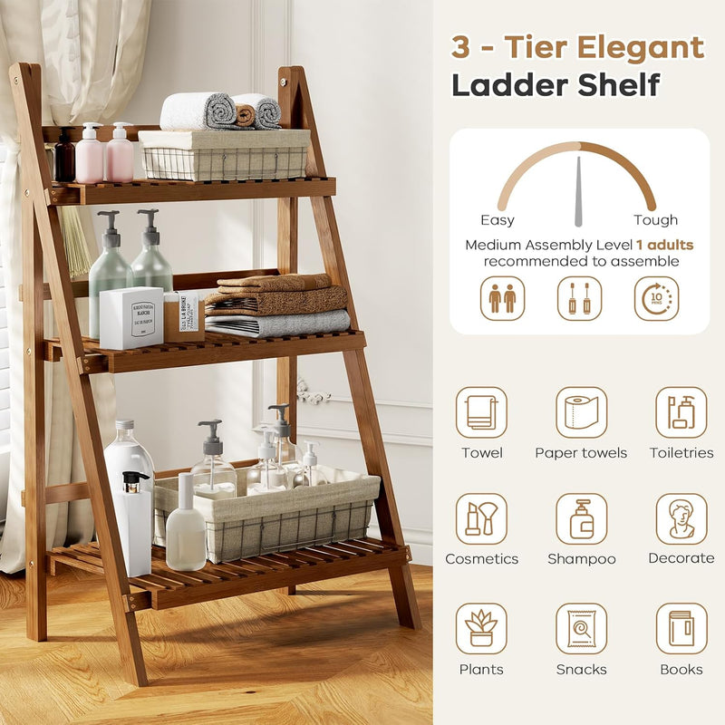 Bookshelf with Drawers 4-Tier Bamboo Bookcase Ladder Shelf