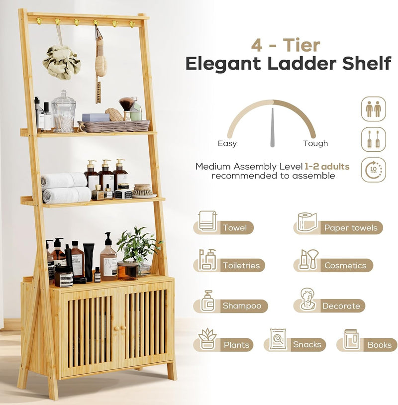 Bookshelf with Drawers 4-Tier Bamboo Bookcase Ladder Shelf