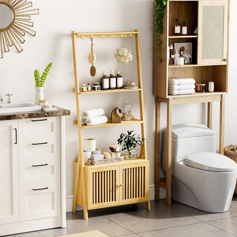 Bookshelf with Drawers 4-Tier Bamboo Bookcase Ladder Shelf