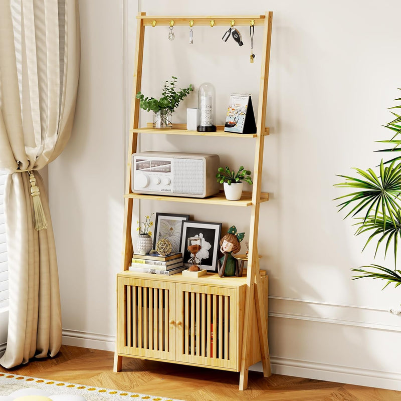 Bookshelf with Drawers 4-Tier Bamboo Bookcase Ladder Shelf