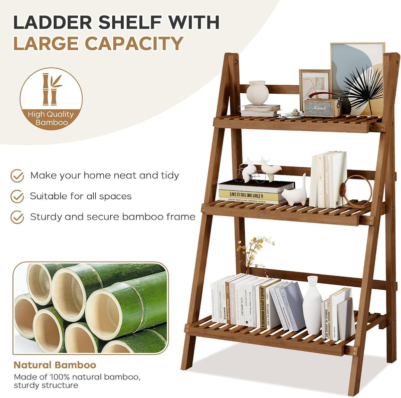 Bookshelf with Drawers 4-Tier Bamboo Bookcase Ladder Shelf