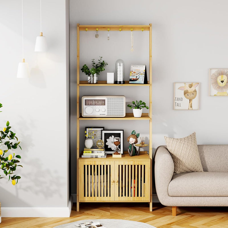 Bookshelf with Drawers 4-Tier Bamboo Bookcase Ladder Shelf