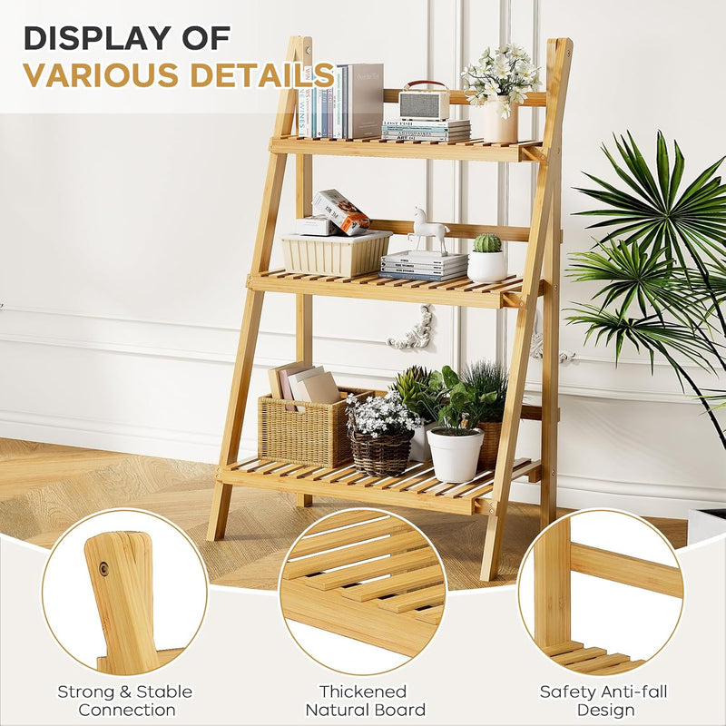 Bookshelf with Drawers 4-Tier Bamboo Bookcase Ladder Shelf