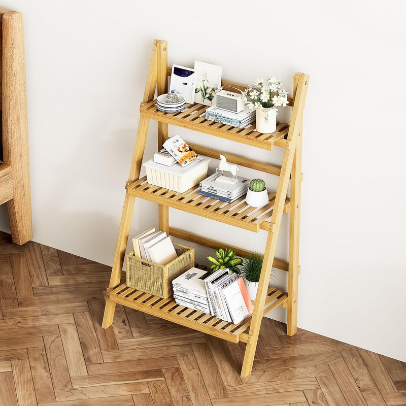 Bookshelf with Drawers 4-Tier Bamboo Bookcase Ladder Shelf