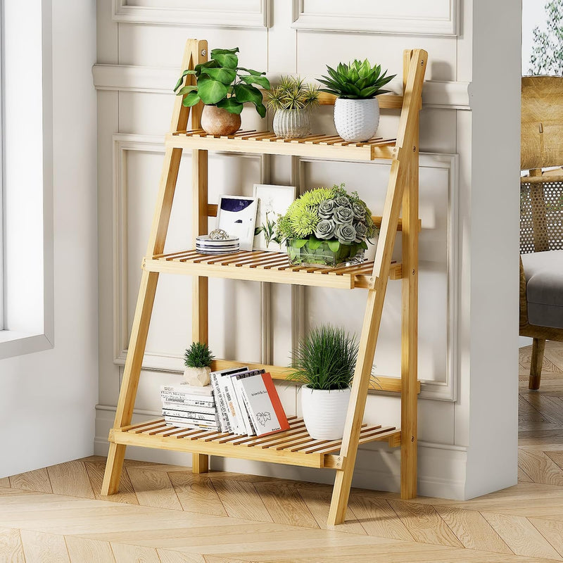 Bookshelf with Drawers 4-Tier Bamboo Bookcase Ladder Shelf