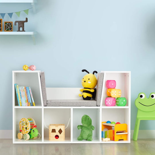 Bookcase with Seat Cushion Book Shelf 6 Compartments
