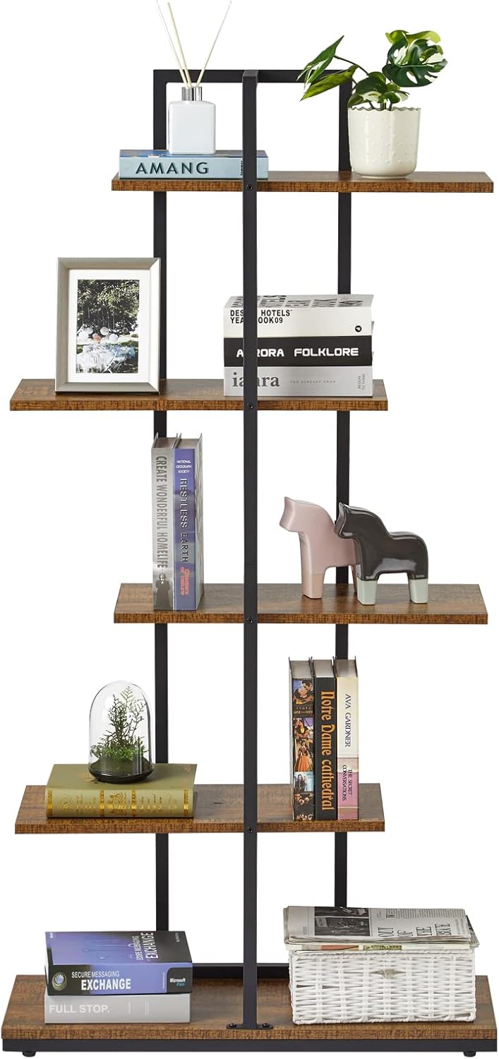 Bookshelf 5 Tier Asymmetrical Staggered Display Shelf Rustic