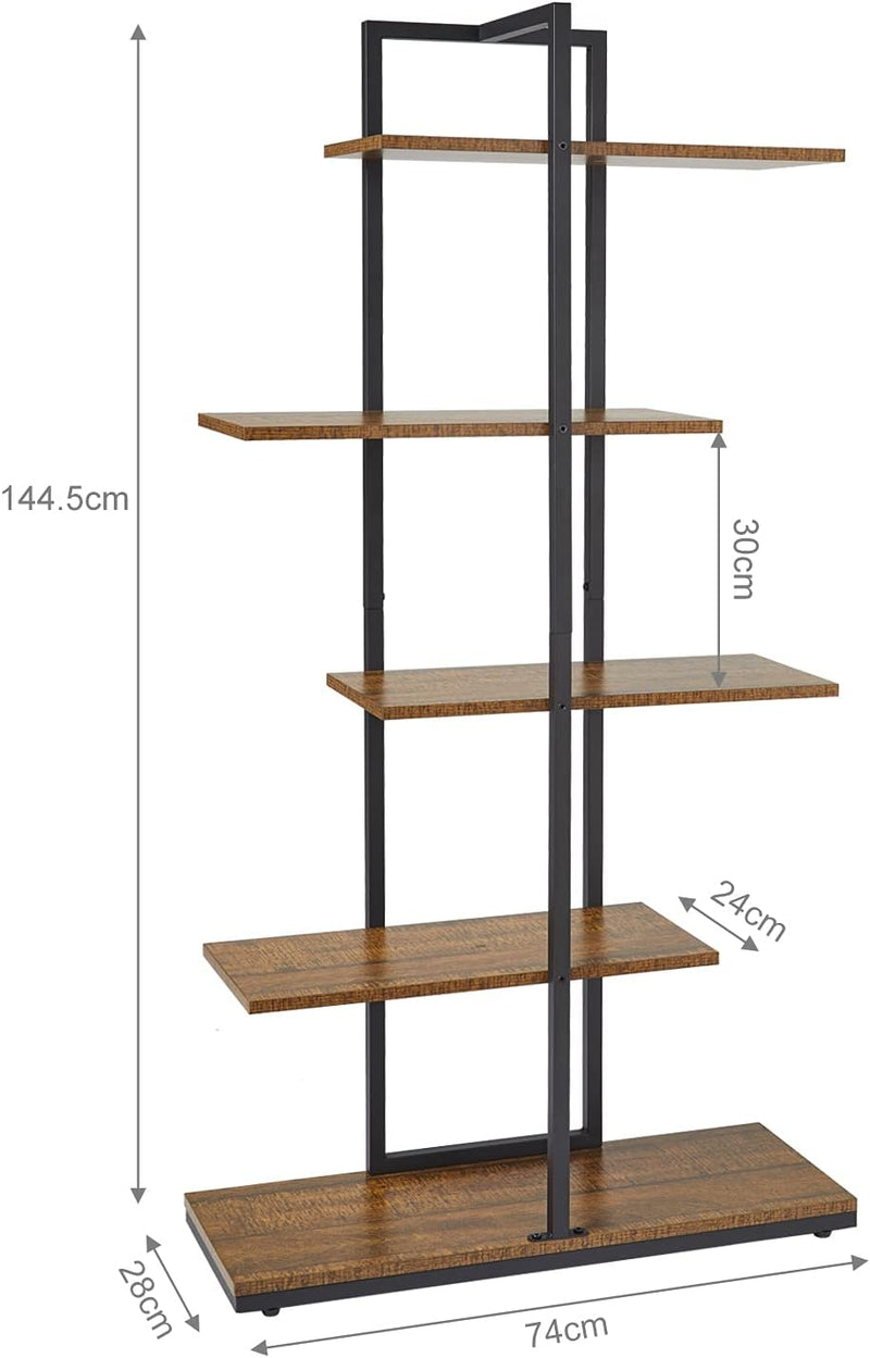 Bookshelf 5 Tier Asymmetrical Staggered Display Shelf Rustic
