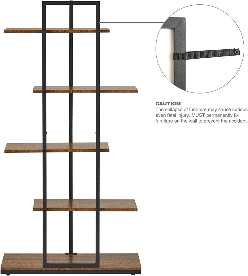 Bookshelf 5 Tier Asymmetrical Staggered Display Shelf Rustic