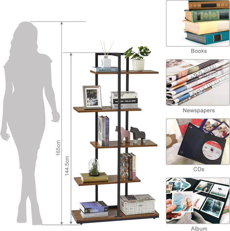 Bookshelf 5 Tier Asymmetrical Staggered Display Shelf Rustic